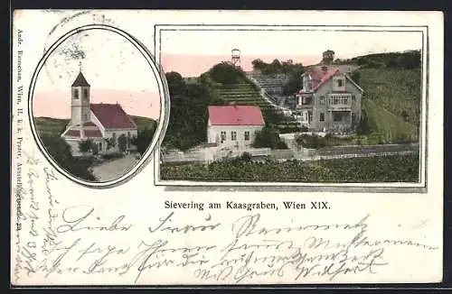 AK Wien-Sievering, Häuser und Kirche am Kaasgraben