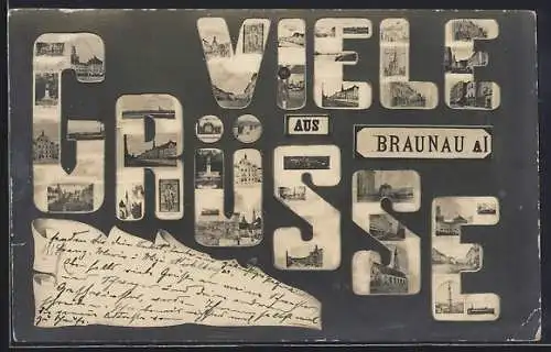 AK Braunau, Schriftzug Viele Grüsse mit Kirche, Denkmal und Strassenpartie