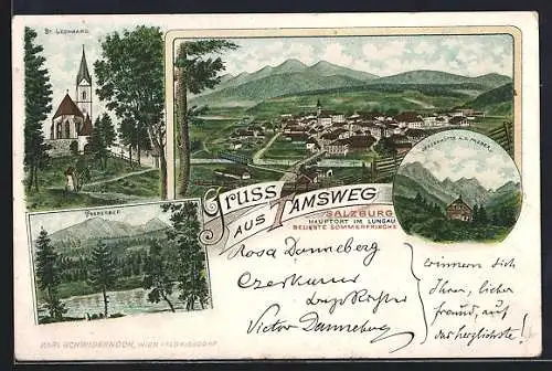 Vorläufer-Lithographie Tamsweg im Lungau, 1895, Grazerhütte a. d. Preber, Kirche St. Leonhard, Prebersee
