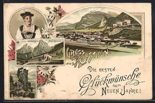 Lithographie Kufstein, Teilansicht, Unterkunftshütte Hinter Bärenbad, Teufelskanzel, Neujahrsgruss