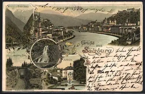 Lithographie Salzburg, Hellbrunn, Gaisberg-Bahn, Pass Lueg, Gollinger Wasserfall, Ortsansicht von Mülln mit Salzach
