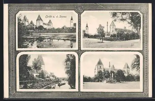 AK Orth a. d. Donau, Kirche, Platzansicht mit Brunnen, Donaupartie