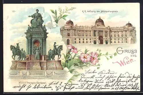 Lithographie Wien, Maria Theresia Denkmal & Hofburg am Michaelerplatz