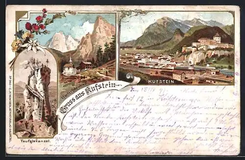 Lithographie Kufstein, Hinterbärnbad, Teufelskanzel, Gesamtansicht