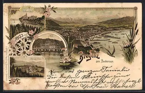 Lithographie Bregenz a / Bodensee, Pfänder-Hotel, Post, Gebhards-Berg