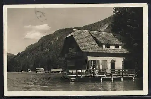 AK Stockenboi, Jausenstation Dolomitenblick und Boothaltestelle am Ostufer des Weissensee