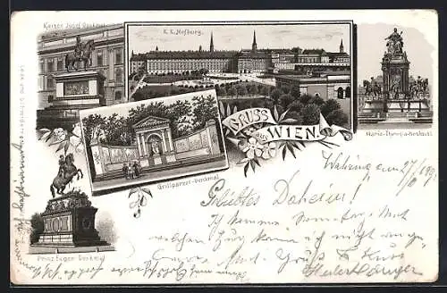 Lithographie Wien, K. K. Hofburg, Grillparzer-Denkmal, Prinz Eugen-Denkmal