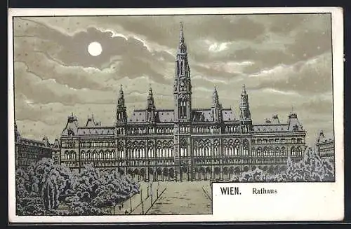 Mondschein-Lithographie Wien, Rathaus in eisiger Winternacht