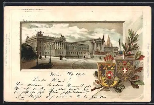 Passepartout-Lithographie Wien, Strasse am Parlament, Wappen