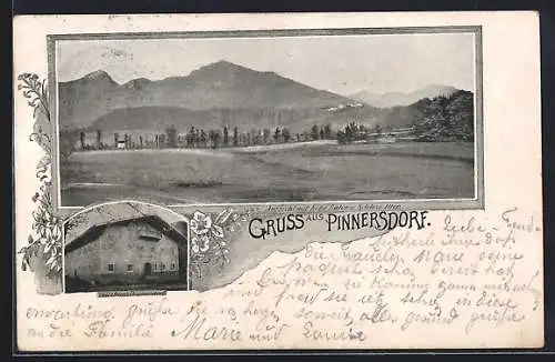 AK Wörgl /Tirol, Gruss aus Pinnersdorf, Gasthaus und Aussicht auf Hohe Salve und Schloss Itter