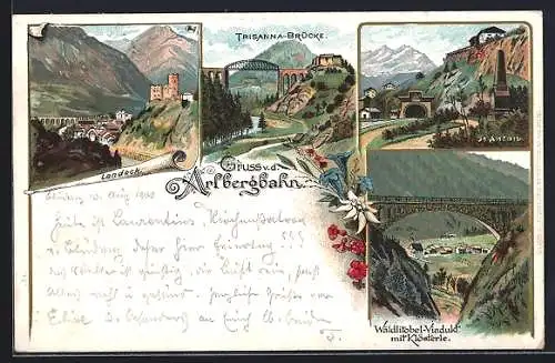 Lithographie Landeck, Arlbergbahn, Trisanna-Brücke, St. Anton, Wäldlitobel-Viadukt mit Klösterle