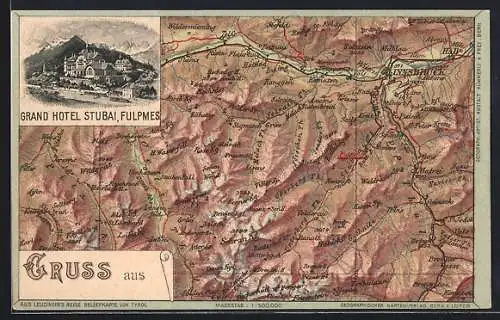 AK Fulpmes, Grand Hotel Stubai, Landkarte der Umgebung