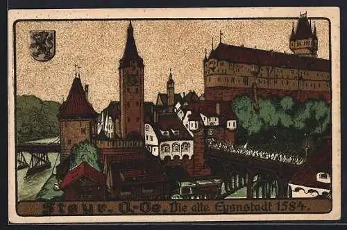 Steindruck-AK Steyr, Ansicht der alten Eysnstadt 1584