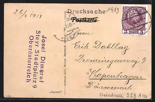 Steindruck-AK Steyr, Ansicht der alten Eysnstadt 1584
