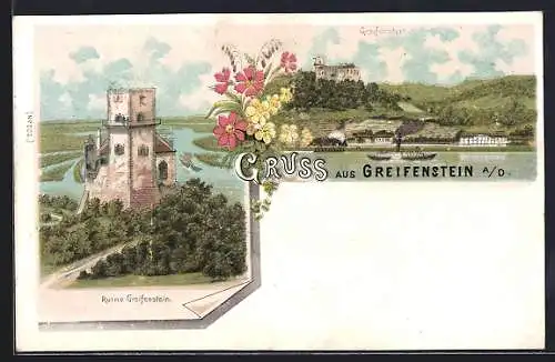 Lithographie Greifenstein a. Donau, Ansicht der Ruine, Dampfer auf der Donau