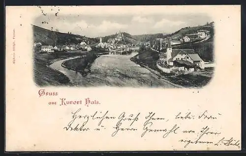 AK Hals, Flusspartie mit Blick zum Ort