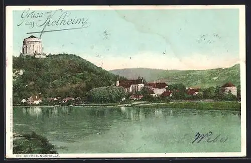 AK Kelheim, Flusspartie mit Blick auf den Berg