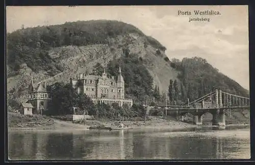 AK Porta Westfalica, Uferpartie mit Hotel zum Jacobsberg