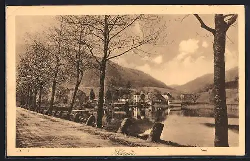AK Schönau / Elsass, Partie an der Promenade