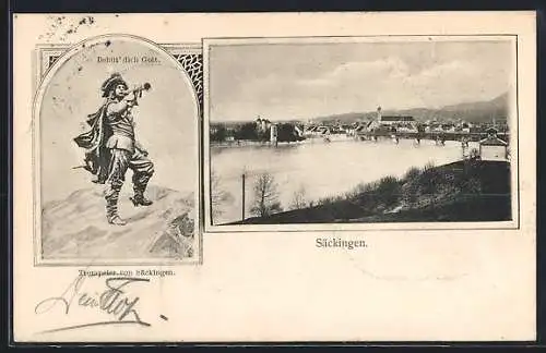 AK Säckingen, Flusspartie mit Blick zum Ort