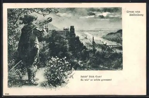 AK Heidelberg, Trompeter von Säckingen, Blick zum Schloss