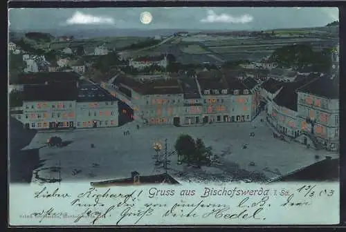 Mondschein-AK Bischofswerda i. Sa., Teilansicht mit leuchtenden Fenstern