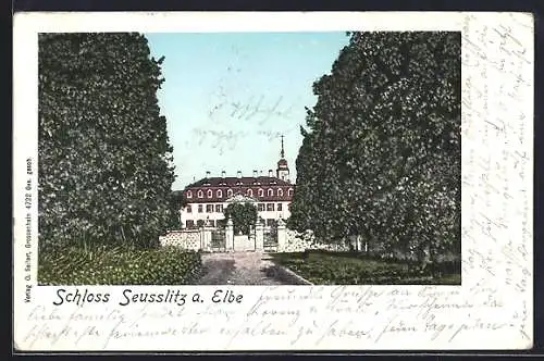 Goldfenster-AK Seusslitz a. Elbe, Blick auf das Schloss mit leuchtenden Fenstern