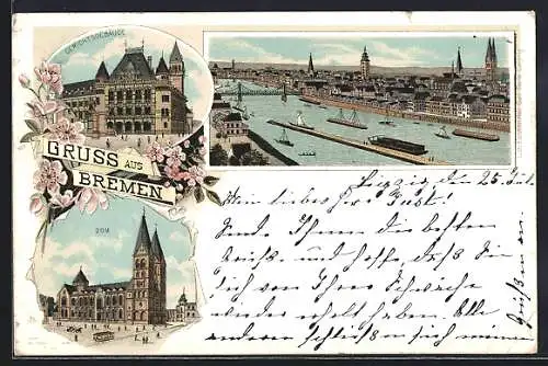Lithographie Bremen, Gerichtsgebäude, Dom, Weserpartie