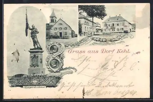 AK Kehl, Rathaus, Schulhaus, Kirche und Pfarrhaus, Kriegerdenkmal