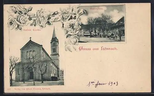 AK Lörrach, Marktplatz und kathol. Kirche