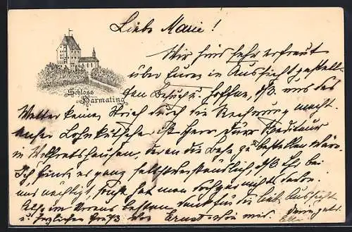 Lithographie Harmating, Blick auf das Schloss