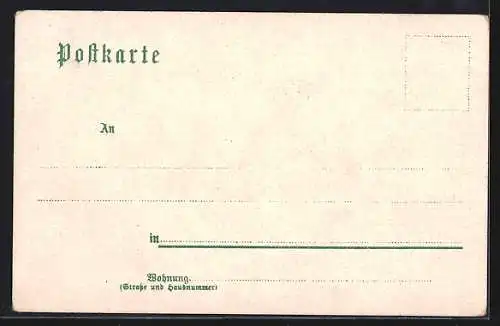 Lithographie Wiesbaden, Neues Theater und Kaiser-Denkmal