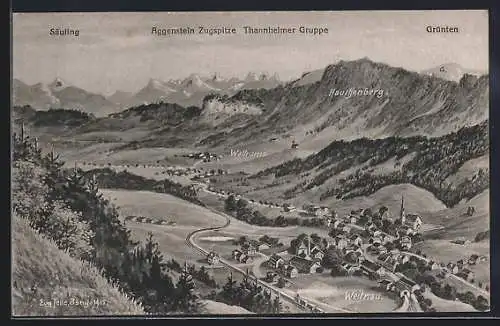 Künstler-AK Eugen Felle: Weitnau, Ortsansicht mit Säuling, Aggenstein, Zugspitze und Grünten