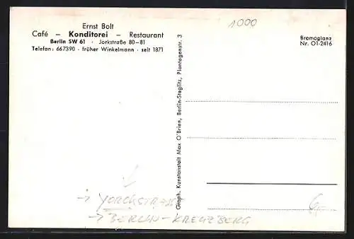 AK Berlin-Kreuzberg, Café-Restaurant von Ernst Bolt, Yorckstrasse 80-81, Innenansicht