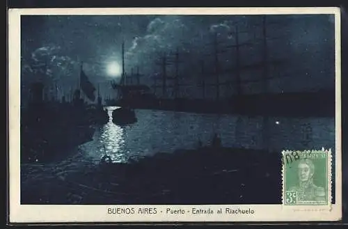 AK Buenos Aires, Puerto Entrada al Riachuelo, Hafen bei Mondschein