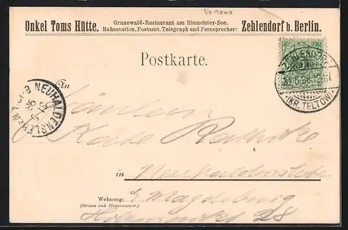 Lithographie Berlin-Zehlendorf, Blick auf Gasthaus Onkel Toms Hütte, am Ufer des Riemeister Sees