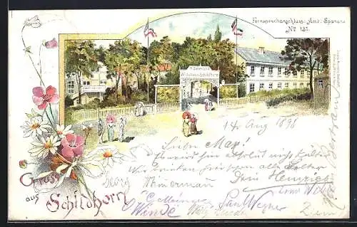 Lithographie Berlin-Grunewald, Gasthaus Schildhorn, Eingang mit Besuchern