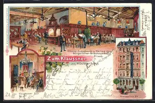 Lithographie Berlin, Gasthaus Zum Klaussner in der Krausenstrasse 64, Bes.: H. Gabler