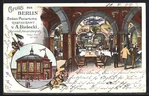 Lithographie Berlin, Gasthaus Sedan-Panorama v. A. Bielecki am Bahnhof Alexanderplatz, Aussen- u. Innenansicht