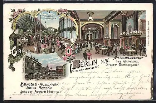 Lithographie Berlin, Brauerei Ausschank Jul. Bötzow in der Friedrichstrasse 100, Innenansicht der Brauerei