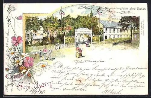Lithographie Berlin-Grunewald, Gasthaus Schildhorn, Eingang mit Besuchern