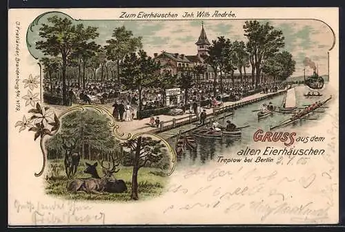 Lithographie Treptow bei Berlin, Gasthaus zum Eierhäuschen, Hirsche und Reh