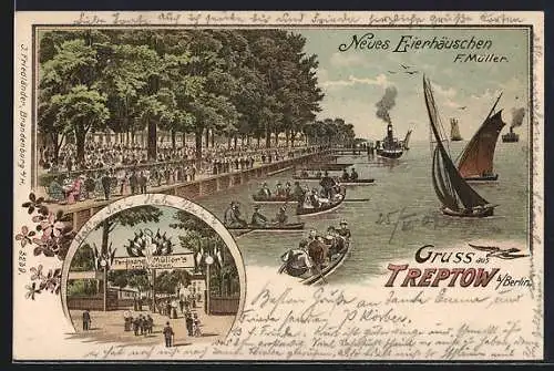 Lithographie Berlin-Treptow, Gaststätte Neues Eierhäuschen F. Müller mit belebter Promenade und Booten, Eingang