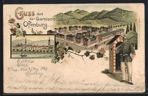 Lithographie Offenburg, Kaserne der Garnison, Teilansicht