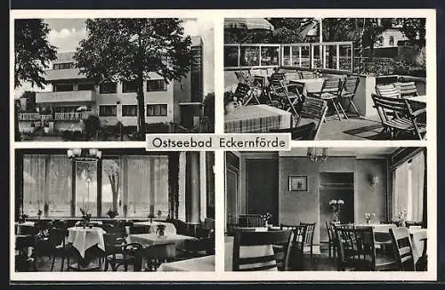 AK Eckernförde, Strand-Hotel-Pension Jungmann mit Innenansichten, Bauhaus