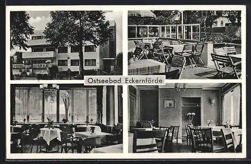 AK Eckernförde, Strand-Hotel-Pension Jungmann mit Innenansichten, Bauhaus