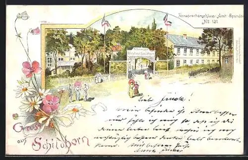 Lithographie Berlin-Grunewald, Schildhorn, Gasthaus Schildhorn R. Schmidt
