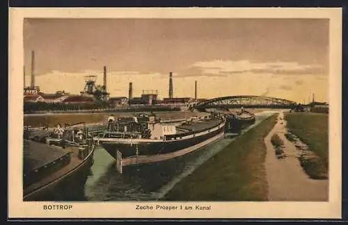 AK Bottrop, Zeche Prosper I am Kanal mit Binnenschiffen