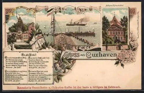Lithographie Cuxhaven, Kriegerdenkmal, Alte Liebe mit Dampfer, Schloss Ritzebüttel, Gedicht