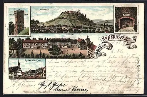 Lithographie Hohenasperg, Aussichts-Turm, Festungshof, Schubart-Gefängnis